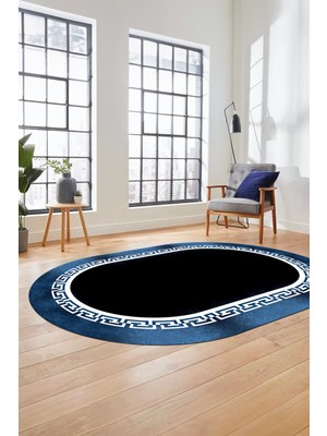 Evdeya Klasik Tasarım Çerçeve Desenli Modern Yıkanabilir Mutfak Oval Salon Halısı, O-Çerçeveli-11-Mavi,
