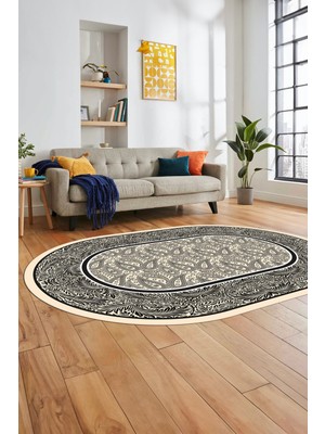 Evdeya Çiçekli Tasarım Yıkanabilir Kaymaz Taban Çerçeveli Oval Mutfak Salon Halısı, O-Çerçeveli-37-Krem,