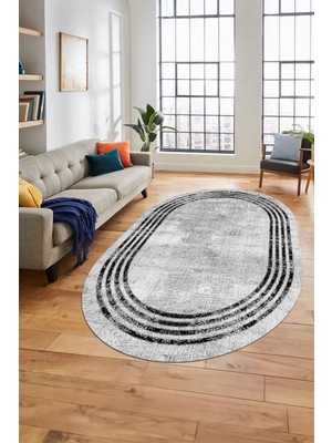 Evdeya Çerçeveli Modern Desen Yıkanabilir Kaymaz Yolluk Mutfak Oval Salon Halısı, O-Çerçeveli-32-Beyaz,