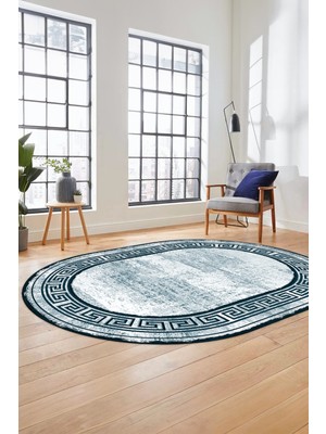 Evdeya Yeni Tasarım Çerçeve Desenli Modern Yıkanabilir Mutfak Oval Salon Halısı, O-Çerçeveli-09-Turkuaz,