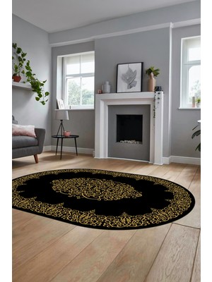 Evdeya Klasik Çerçeve Desenli Yıkanabilir Kaymaz Yolluk Mutfak Oval Salon Halısı, O-Çerçeveli-22-Siyah,