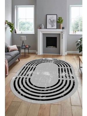 Evdeya Yeni Tarz Çerçeve Desen Modern Yıkanabilir Yolluk Mutfak Oval Salon Halısı, O-Çerçeveli-15-Gri,