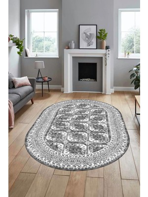 Evdeya Etnik Çerçeve Desen Modern Yıkanabilir Yolluk Mutfak Oval Salon Halısı, O-Çerçeveli-20-Gri,