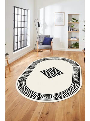 Evdeya Dijital Kaymaz Yıkanabilir Göbekli Çerçeveli Oval Mutfak Salon Halısı, O-Çerçeveli-01-Krem,