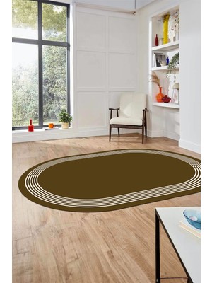 Evdeya Dijital Kaymaz Yıkanabilir Modern Sade Çerçeveli Oval Yolluk Salon Halısı, O-Çerçeveli-45-Kahve,