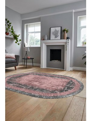 Evdeya Sade Motifli Çerçeve Desen Modern Yıkanabilir Yolluk Mutfak Oval Salon Halısı, O-Çerçeveli-14-Pembe,