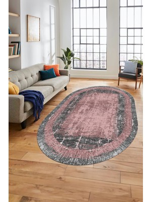 Evdeya Sade Motifli Çerçeve Desen Modern Yıkanabilir Yolluk Mutfak Oval Salon Halısı, O-Çerçeveli-14-Pembe,