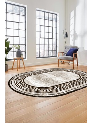 Evdeya Yeni Tasarım Çerçeve Desenli Modern Yıkanabilir Mutfak Oval Salon Halısı, O-Çerçeveli-09-Kahve,