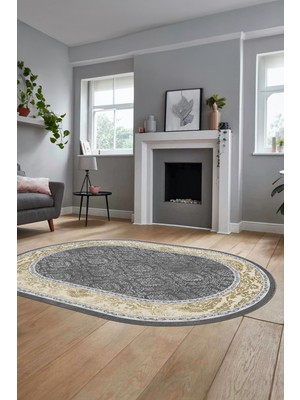 Evdeya Şık Çerçeve Desenli Modern Yıkanabilir Yolluk Mutfak Oval Salon Halısı, O-Çerçeveli-21-Gold,