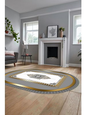 Evdeya Klasik Çerçeve Desen Yıkanabilir Kaymaz Yolluk Mutfak Oval Salon Halısı, O-Çerçeveli-23-Gold,