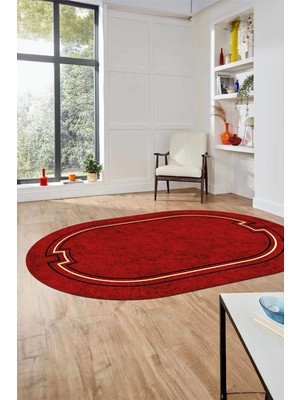 Evdeya Dijital Kaymaz Yıkanabilir Zarif Çerçeveli Ince Oval Yolluk Salon Halısı, O-Çerçeveli-50-Bordo,