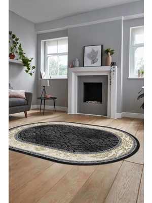 Evdeya Şık Çerçeve Desenli Modern Yıkanabilir Yolluk Mutfak Oval Salon Halısı, O-Çerçeveli-21-Antrasit,