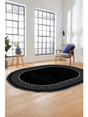 Evdeya Yeni Tasarım Çerçeve Desenli Modern Yıkanabilir Mutfak Oval Salon Halısı, O-Çerçeveli-09-Siyah,