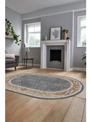 Evdeya Şık Çerçeve Desenli Modern Yıkanabilir Yolluk Mutfak Oval Salon Halısı, O-Çerçeveli-21-Kahve,