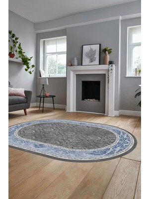 Evdeya Şık Çerçeve Desenli Modern Yıkanabilir Yolluk Mutfak Oval Salon Halısı, O-Çerçeveli-21-Mavi,