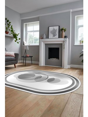 Evdeya Modern Çerçeve Desen Yıkanabilir Kaymaz Yolluk Mutfak Oval Salon Halısı, O-Çerçeveli-24-Gri,