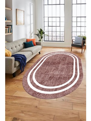 Evdeya Dijital Kaymaz Yıkanabilir Sade Çerçeveli Yolluk Mutfak Oval Salon Halısı, O-Çerçeveli-30-Bordo,