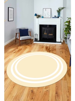 Evdeya Sade Düz Renk Çerçeveli Yıkanabilir Modern Yolluk Yuvarlak Salon Halısı, Y-Çerçeveli-38-Krem,