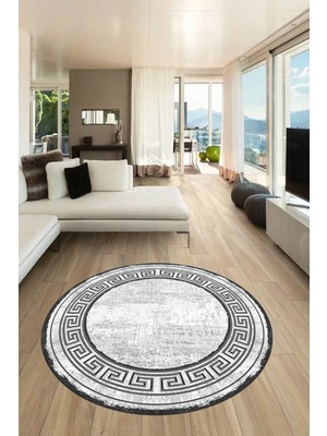 Evdeya Tasarım Çerçeve Desenli Modern Yıkanabilir Mutfak Yuvarlak Salon Halısı, Y-Çerçeveli-09-Gri,