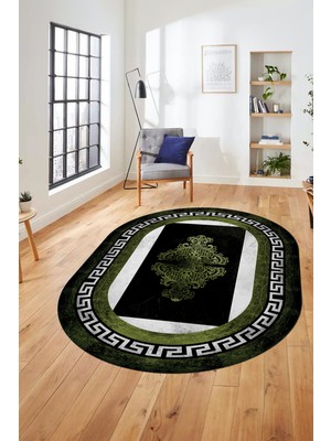 Evdeya Dijital Kaymaz Yıkanabilir Çerçeveli Yolluk Oval Mutfak Salon Halısı, O-Çerçeveli-02-Yeşil,