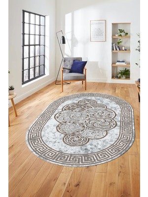 Evdeya Dijital Kaymaz Yıkanabilir Modern Çerçeveli Oval Mutfak Salon Halısı, O-Çerçeveli-04-Kahve,