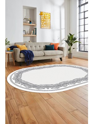 Evdeya Çerçeveli Motifli Yıkanabilir Kaymaz Yolluk Mutfak Oval Salon Halısı, O-Çerçeveli-34-Gri,