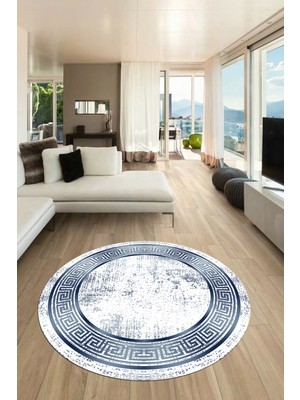 Evdeya Şık Motif Çerçeve Desen Modern Yıkanabilir Yolluk Mutfak Yuvarlak Salon Halısı, Y-Çerçeveli-13-Mavi,