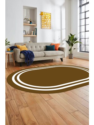 Evdeya Sade Düz Renk Çerçeveli Yıkanabilir Modern Yolluk Mutfak Oval Salon Halısı, O-Çerçeveli-38-Kahve,