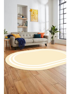 Evdeya Sade Düz Renk Çerçeveli Yıkanabilir Modern Yolluk Mutfak Oval Salon Halısı, O-Çerçeveli-38-Krem,