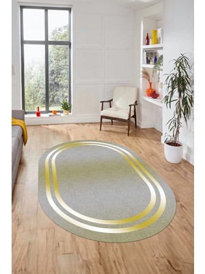 Evdeya Sade Düz Renk Çerçeveli Yıkanabilir Modern Yolluk Oval Salon Halısı, O-Çerçeveli-39-Sarı,