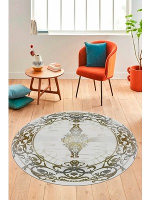 Evdeya Klasik Çerçeve Desen Modern Yıkanabilir Yolluk Mutfak Yuvarlak Salon Halısı, Y-Çerçeveli-19-Gold,