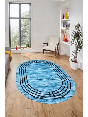 Evdeya Şık Tasarım Yıkanabilir Kaymaz Çerçeveli Modern Oval Yolluk Salon Halısı, O-Çerçeveli-42-Mavi,