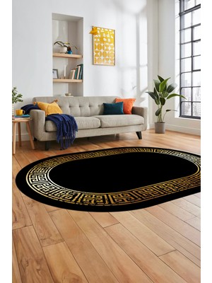 Evdeya Yeni Şık Tasarım Yıkanabilir Kaymaz Taban Çerçeveli Oval Mutfak Salon Halısı, O-Çerçeveli-36-Siyah,