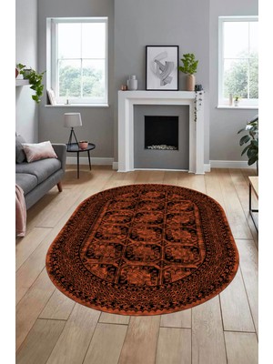 Evdeya Etnik Çerçeve Desen Modern Yıkanabilir Yolluk Mutfak Oval Salon Halısı, O-Çerçeveli-20-Kahve,