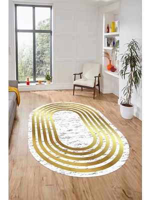 Evdeya Şık Tasarım Yıkanabilir Kaymaz Çerçeveli Yolluk Oval Salon Halısı, O-Çerçeveli-41-Gold,