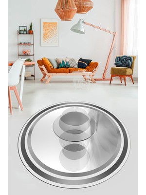 Evdeya Modern Çerçeve Desen Yıkanabilir Kaymaz Yolluk Mutfak Yuvarlak Salon Halısı, Y-Çerçeveli-24-Gri,