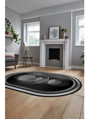 Evdeya Modern Çerçeve Desen Yıkanabilir Kaymaz Yolluk Mutfak Oval Salon Halısı, O-Çerçeveli-24-Antrasit,