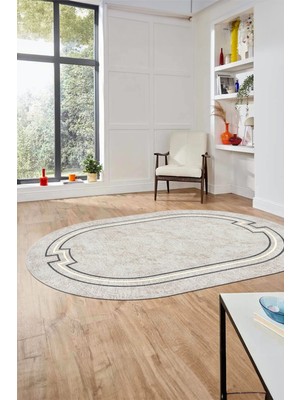 Evdeya Dijital Kaymaz Yıkanabilir Zarif Çerçeveli Ince Oval Yolluk Salon Halısı, O-Çerçeveli-50-Krem,