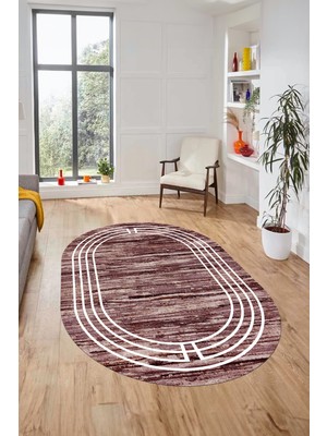 Evdeya Şık Tasarım Yıkanabilir Kaymaz Çerçeveli Modern Oval Yolluk Salon Halısı, O-Çerçeveli-42-Bordo,