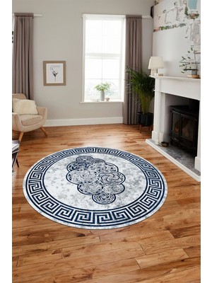 Evdeya Dijital Kaymaz Yıkanabilir Modern Çerçeveli Yuvarlak Mutfak Salon Halısı, Y-Çerçeveli-04-Mavi,