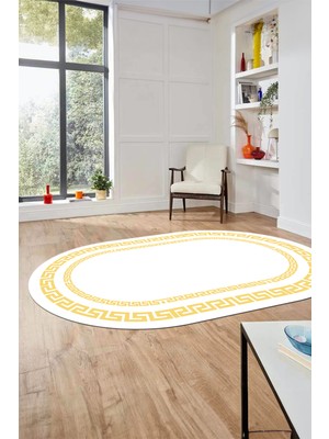Evdeya Dijital Kaymaz Yıkanabilir Çerçeveli Oval Yolluk Mutfak Salon Halısı, O-Çerçeveli-47-Beyaz,