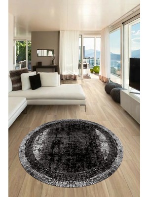 Evdeya Sade Çerçeve Desen Modern Yıkanabilir Yolluk Mutfak Yuvarlak Salon Halısı, Y-Çerçeveli-14-Siyah,
