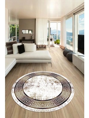 Evdeya Şık Motif Çerçeve Desen Modern Yıkanabilir Yolluk Mutfak Yuvarlak Salon Halısı, Y-Çerçeveli-13-Kahve,