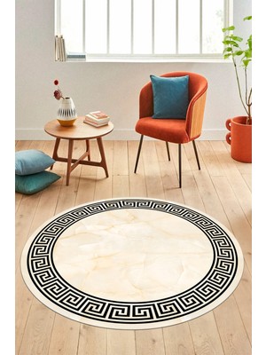 Evdeya Mermer Çerçeve Desen Modern Yıkanabilir Yolluk Mutfak Yuvarlak Salon Halısı, Y-Çerçeveli-17-Krem,