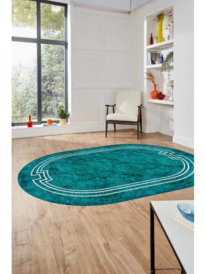 Evdeya Dijital Kaymaz Yıkanabilir Zarif Çerçeveli Ince Oval Yolluk Salon Halısı, O-Çerçeveli-50-Turkuaz,