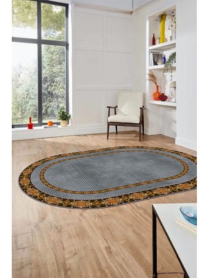 Evdeya Dijital Kaymaz Yıkanabilir Çerçeveli Ince Oval Yolluk Mutfak Salon Halısı, O-Çerçeveli-48-Gri,