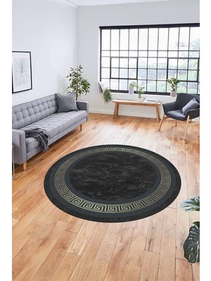 Evdeya Sade Çerçeve Desen Yıkanabilir Kaymaz Yolluk Mutfak Yuvarlak Salon Halısı, Y-Çerçeveli-28-Antrasit,