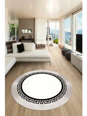 Evdeya Klasik Tasarım Çerçeve Desen Modern Yıkanabilir Mutfak Yuvarlak Salon Halısı, Y-Çerçeveli-11-Krem,