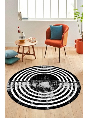 Evdeya Tarz Çerçeve Desen Modern Yıkanabilir Yolluk Mutfak Yuvarlak Salon Halısı, Y-Çerçeveli-15-Siyah,