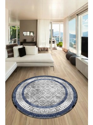 Evdeya Şık Tasarım Çerçeve Desenli Modern Yıkanabilir Mutfak Yuvarlak Salon Halısı, Y-Çerçeveli-10-Mavi,